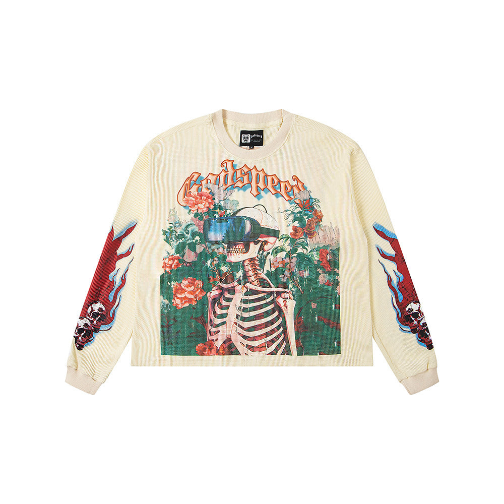 Cross border fashion Godspeed new American street hip-hop print retro waffle casual long sleeved T-shirt