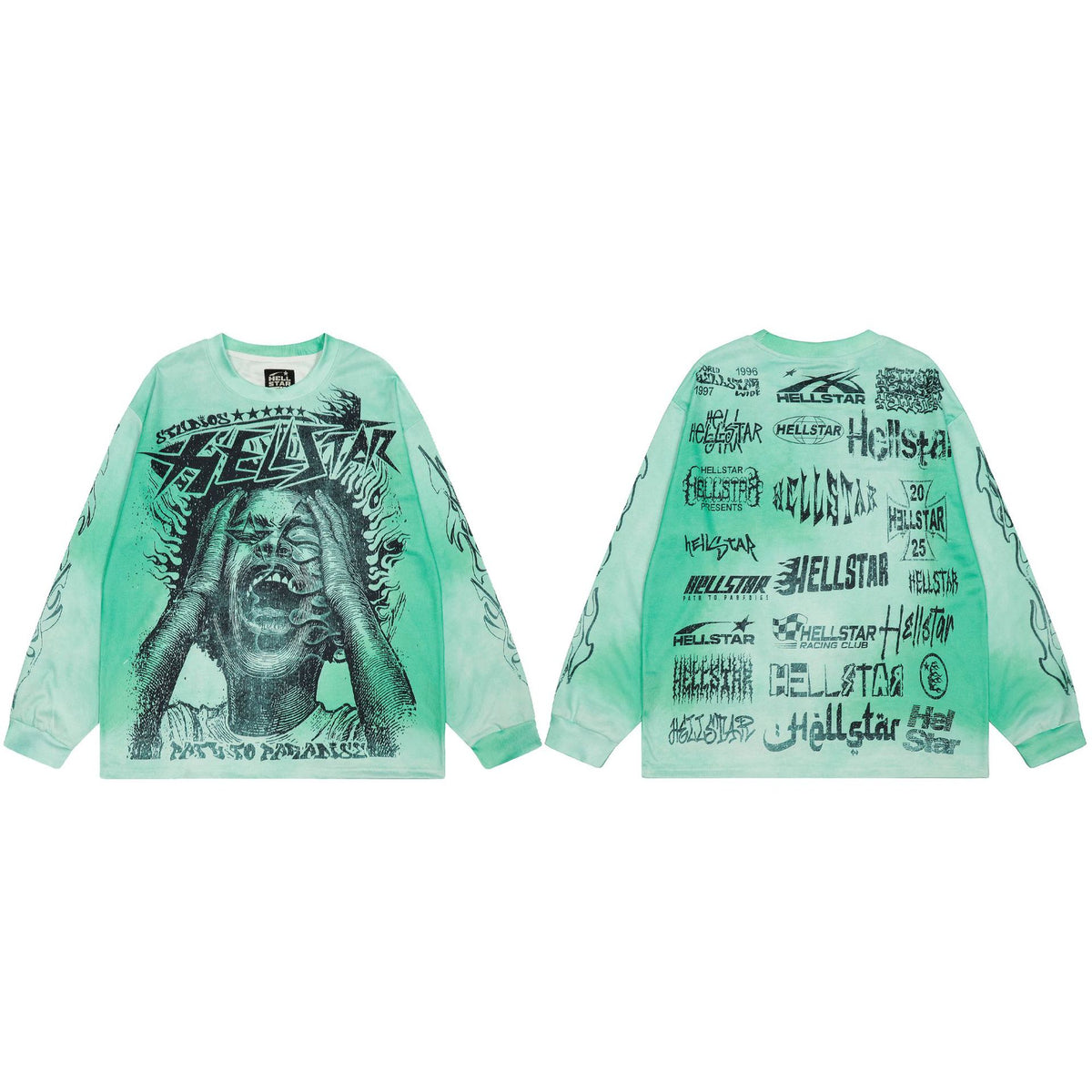 Cross border Hellstar Washed Retro Spray Horse Willow American Street Hip Hop Printed Long Sleeve T-shirt