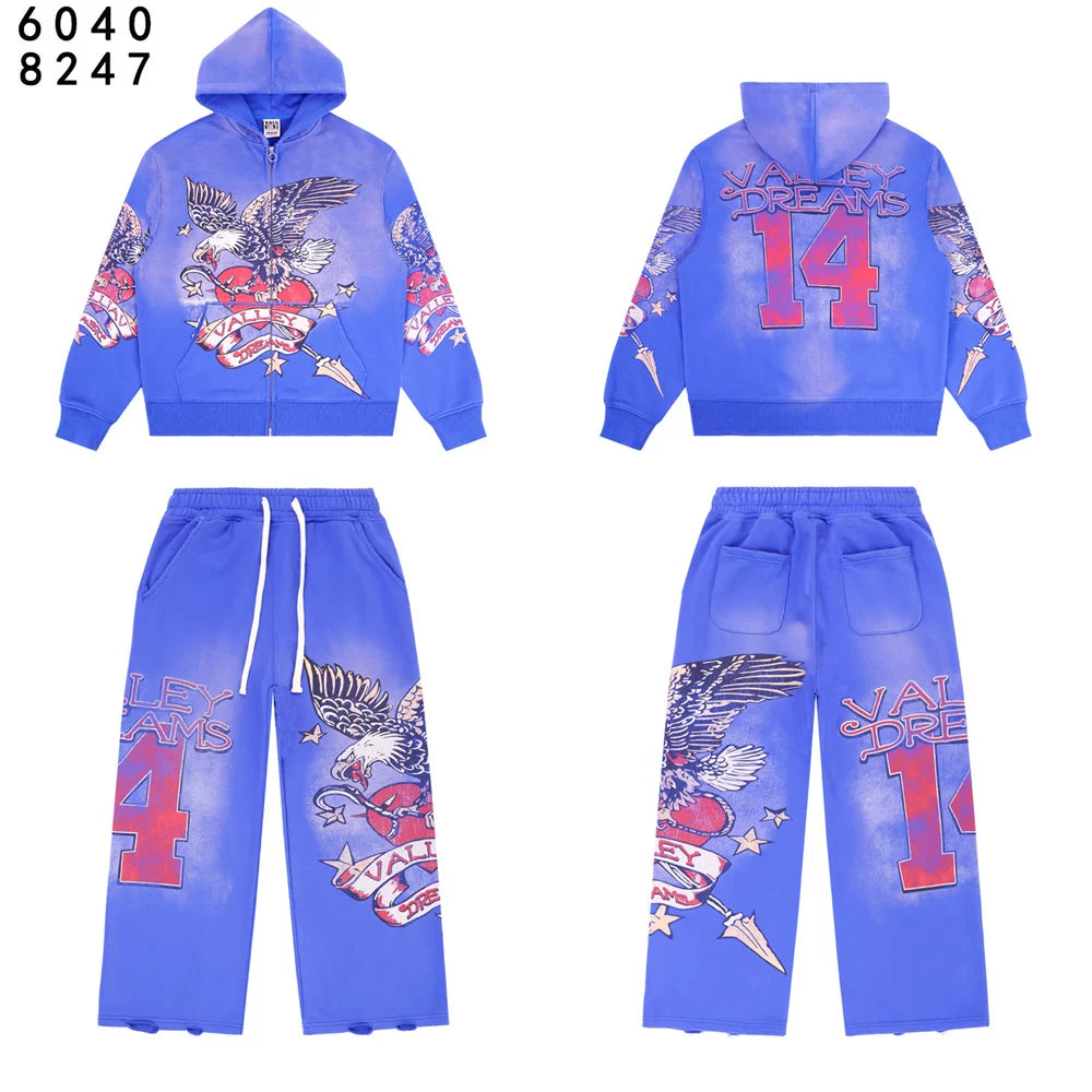 Vale Forever Valley Retro Printed High Street Trendy Casual Hoodie Pants Set