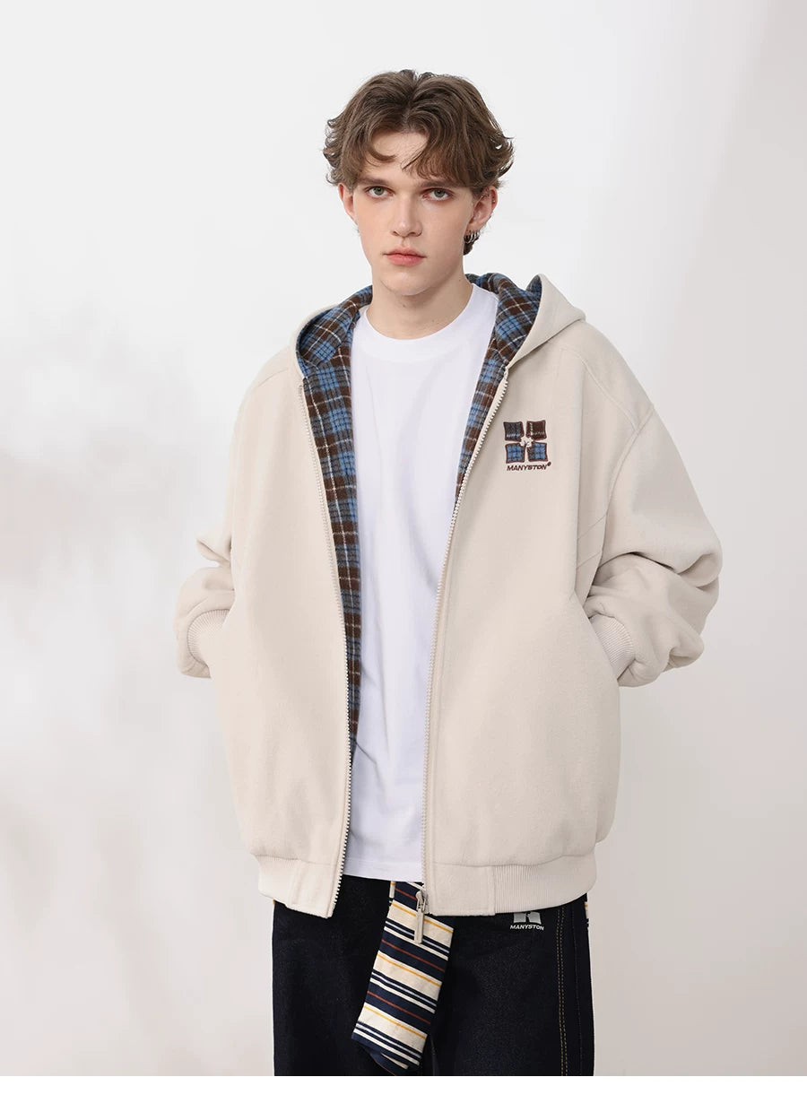 MANYSTON American style fleece hooded cardigan jacket for men's autumn and winter trendy brand teenagers, cotton padded thick jacket