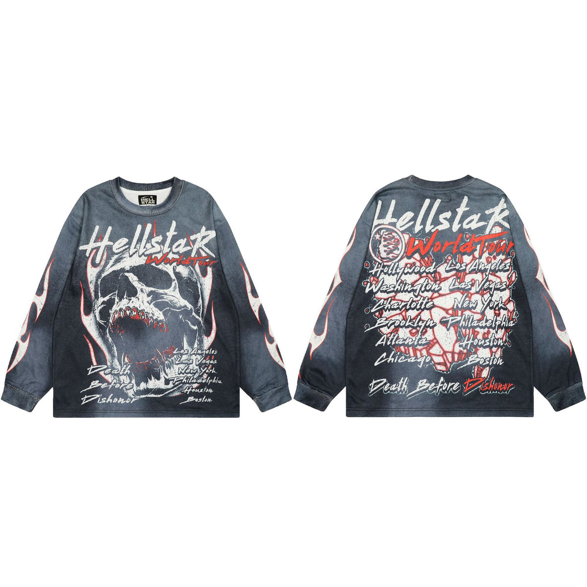Cross border Hellstar Washed Retro Spray Horse Willow American Street Hip Hop Printed Long Sleeve T-shirt