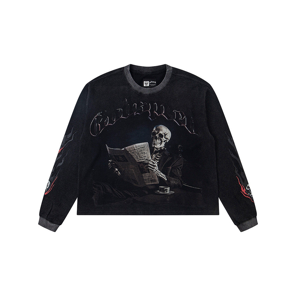 Cross border fashion Godspeed new American street hip-hop print retro waffle casual long sleeved T-shirt