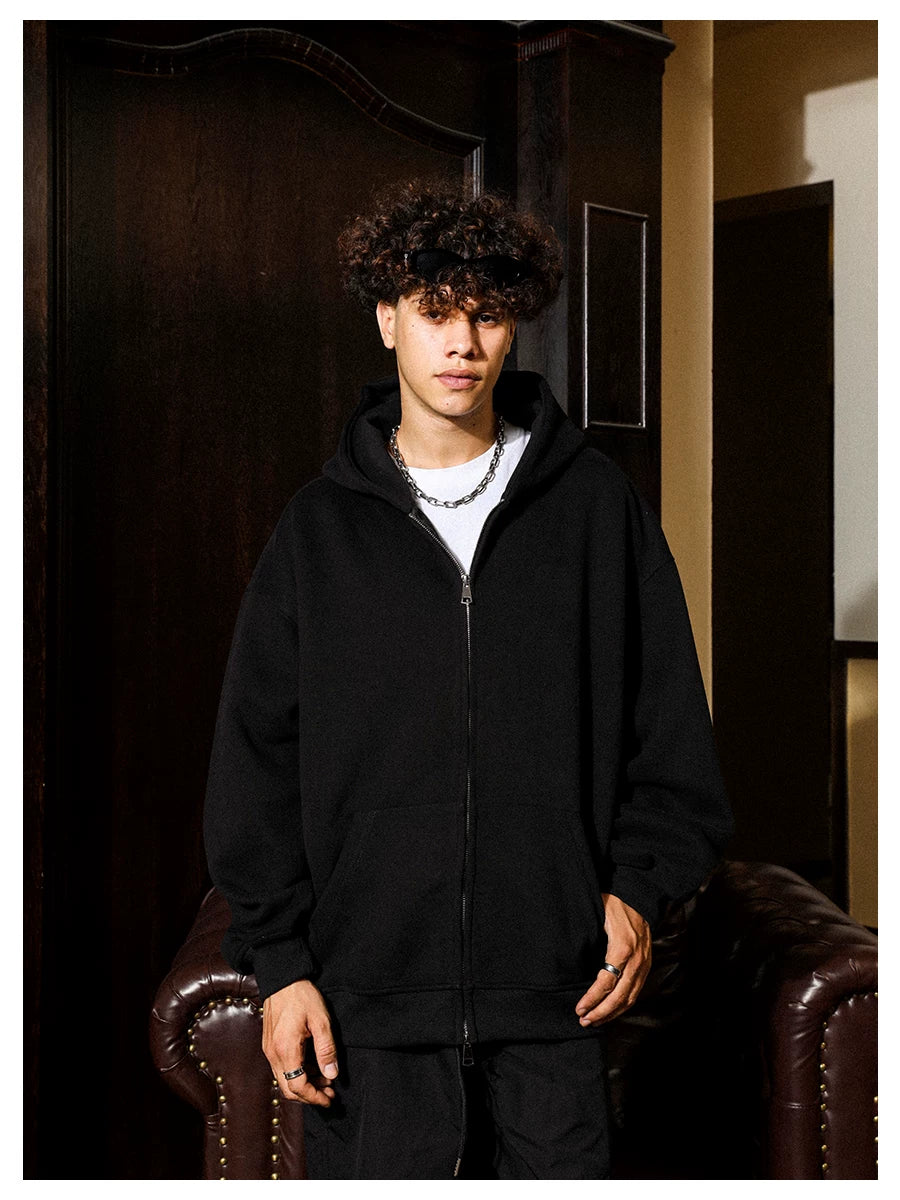 MANYSTON American high street cardigan zipper sweatshirt men's spring and autumn 400g heavyweight solid color long sleeved hooded jacket
