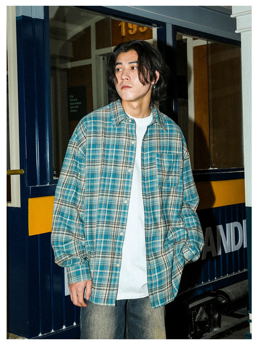 American retro checkered shirt, pure cotton summer casual shirt, MANYSTON cool and stylish inch shirt, blue checkered men's shirt