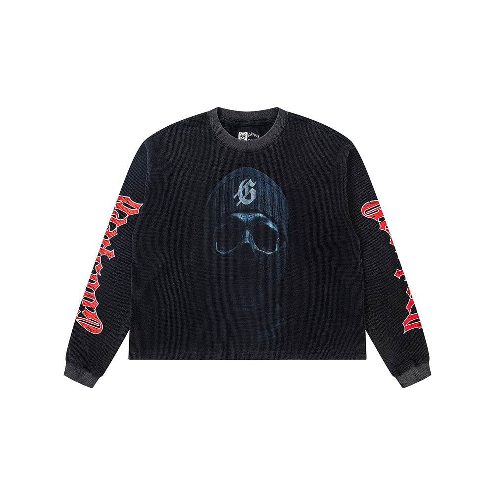 Cross border fashion Godspeed new American street hip-hop print retro waffle casual long sleeved T-shirt
