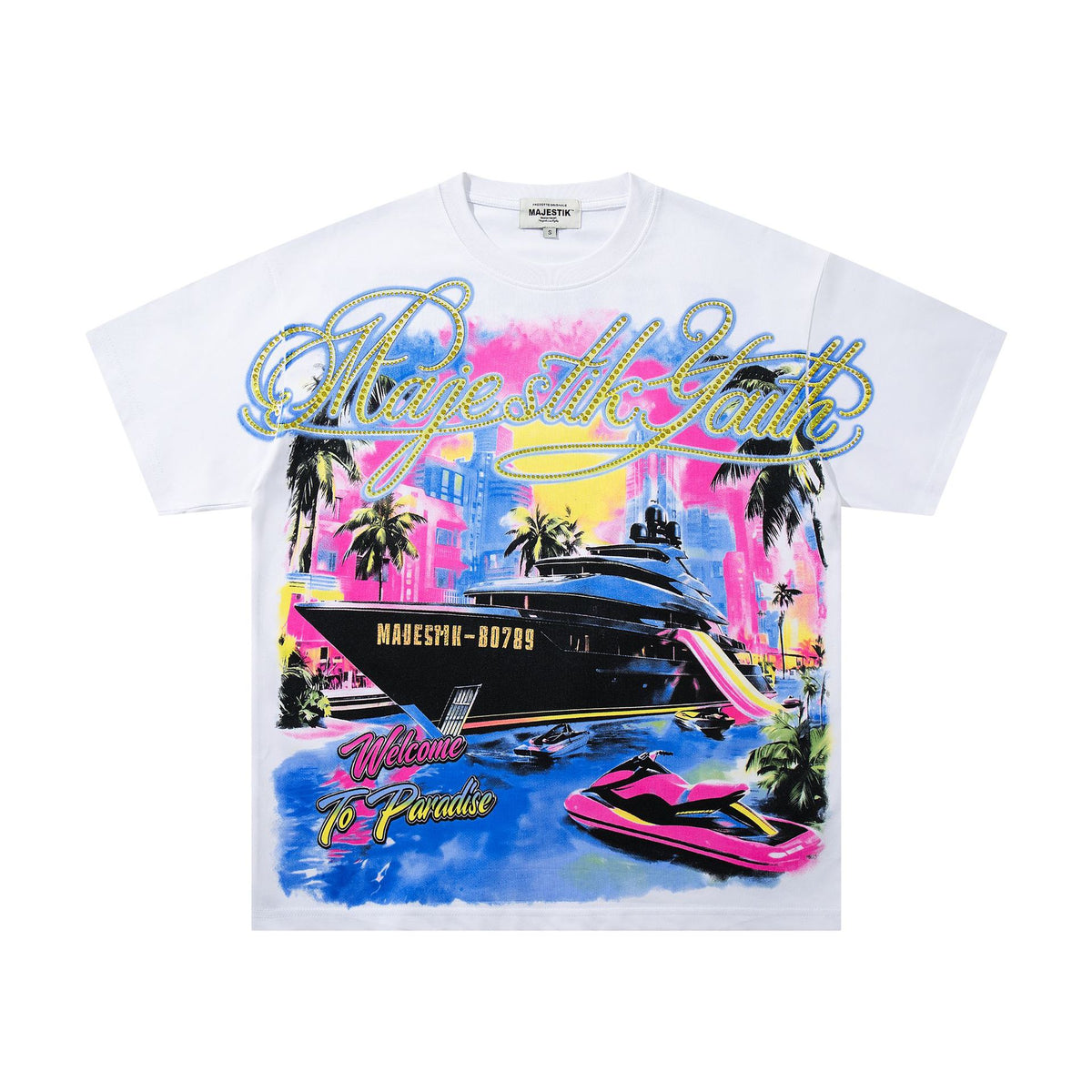 Cross border Meichao MAJESTIK Direct Spray American Street Hip Hop Printed Hot Diamond Retro Washed Short Sleeve T-shirt