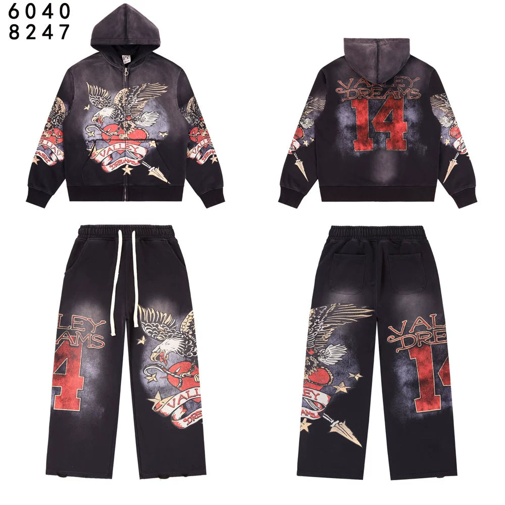 Vale Forever Valley Retro Printed High Street Trendy Casual Hoodie Pants Set