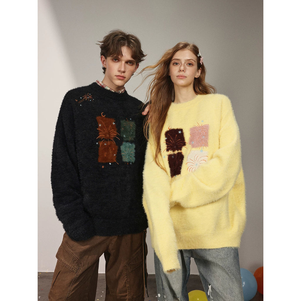 Celebrity style MANYSTON American high street embroidered sweater for men's spring and autumn couples round neck knit sweater