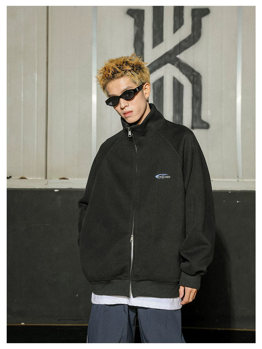 MANYSTON American High Street Zipper cardigan Sweatshirt Spring and Autumn Trendy Brand 400g Heavy duty Stand up Collar Men's Coat