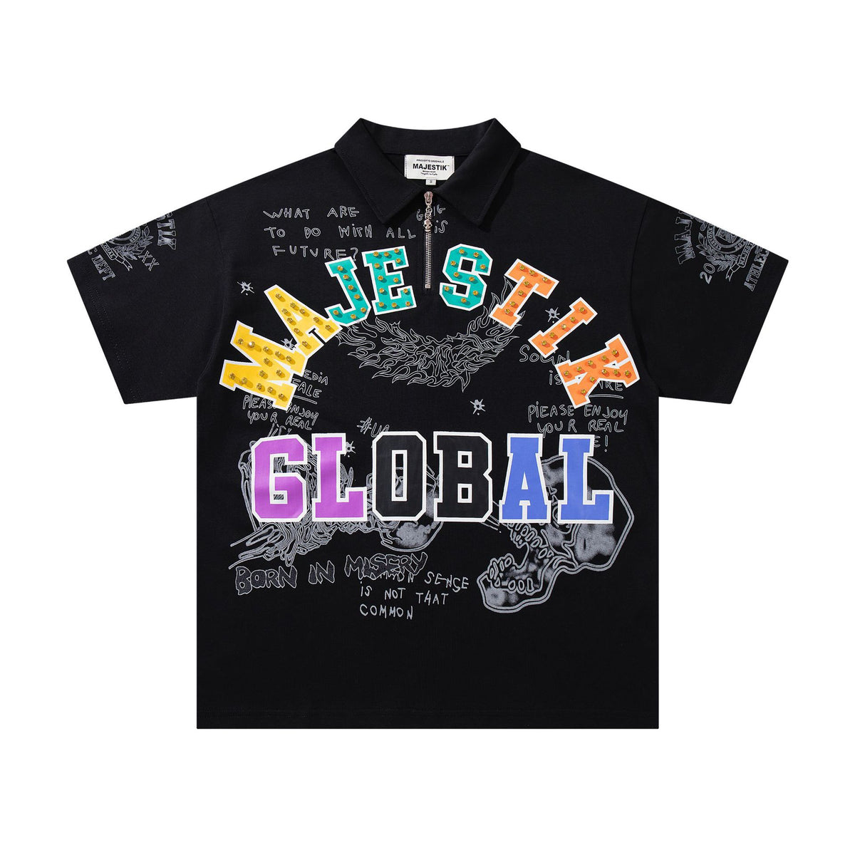 Cross border Meichao MAJESTIK Direct Spray American Street Hip Hop Printed Hot Diamond Embroidered Retro Washed Short sleeved T-shirt