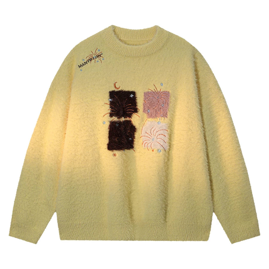 Celebrity style MANYSTON American high street embroidered sweater for men's spring and autumn couples round neck knit sweater