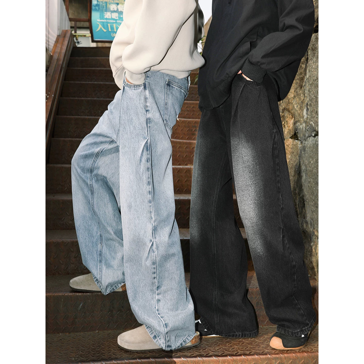 MANYSTON American retro washed denim pants men's summer trendy brand casual loose wide leg straight leg pants