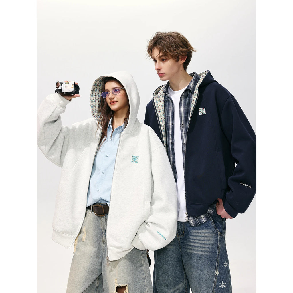 MANYSTON American embroidery hooded cardigan sweatshirt men's style spring and autumn couple style loose casual top jacket