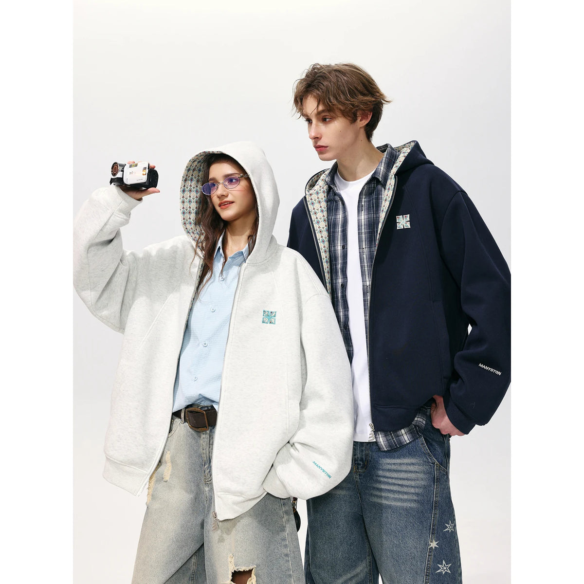 MANYSTON American embroidery hooded cardigan sweatshirt men's style spring and autumn couple style loose casual top jacket