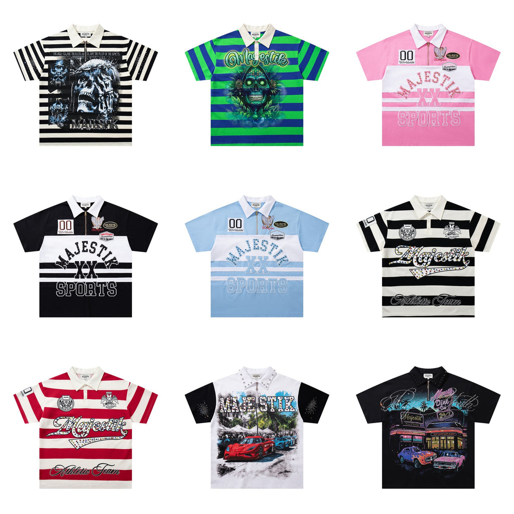 Cross border Meichao MAJESTIK Direct Spray American Street Hip Hop Printed Hot Diamond Embroidered Retro Washed Short sleeved T-shirt