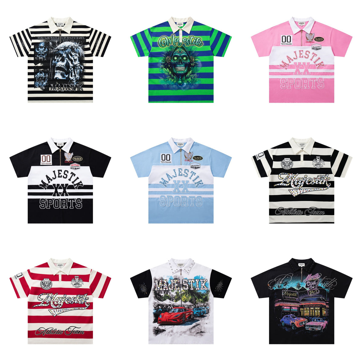 Cross border Meichao MAJESTIK Direct Spray American Street Hip Hop Printed Hot Diamond Embroidered Retro Washed Short sleeved T-shirt
