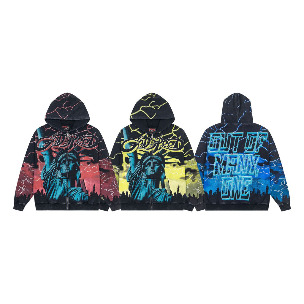 Cross border 25 year autumn/winter GodSpeed new print washed water vintage American street hip-hop hooded jacket sweatshirt