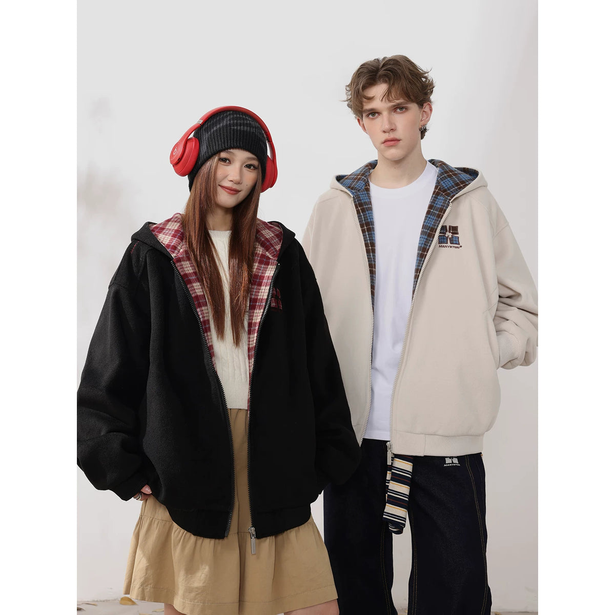 MANYSTON American style fleece hooded cardigan jacket for men's autumn and winter trendy brand teenagers, cotton padded thick jacket