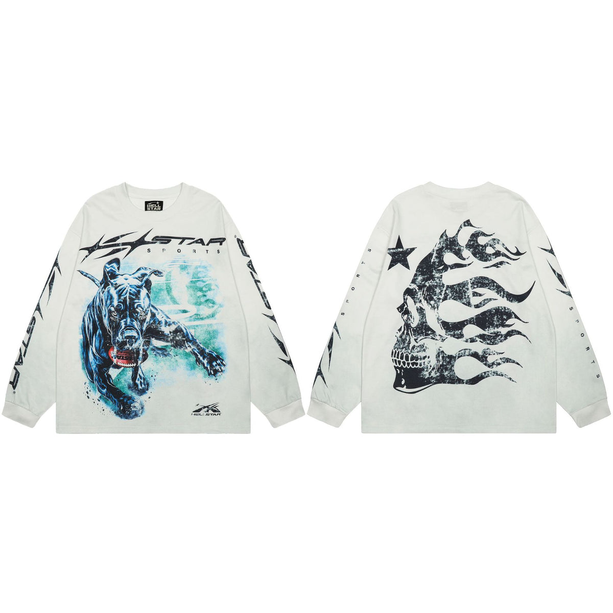 Cross border Hellstar Washed Retro Spray Horse Willow American Street Hip Hop Printed Long Sleeve T-shirt