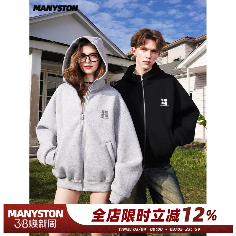 Qiyu's same style MANYSTON American fashion brand hooded cardigan sweatshirt men's spring and autumn couple outfit jacket
