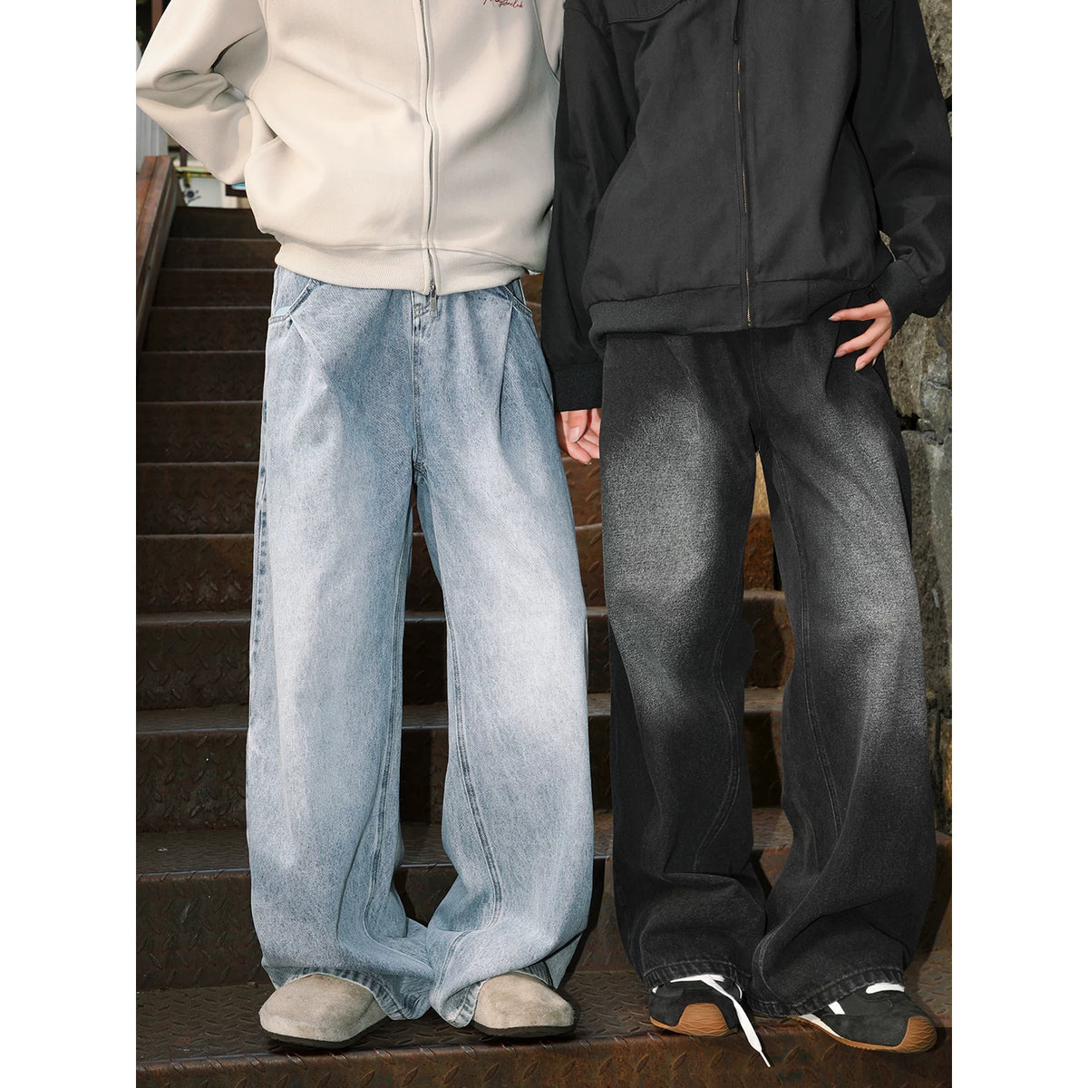 MANYSTON American retro washed denim pants men's summer trendy brand casual loose wide leg straight leg pants