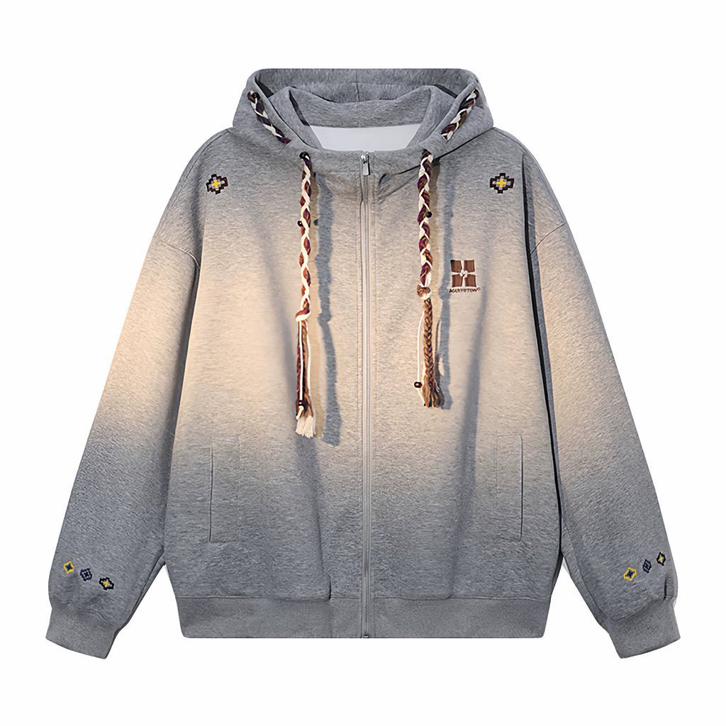 MANYSTON American High Street Fried Dough Twists Braid Hooded Zipper Guards Men's Spring and Autumn 420g Heavyweight Hoodie Coat