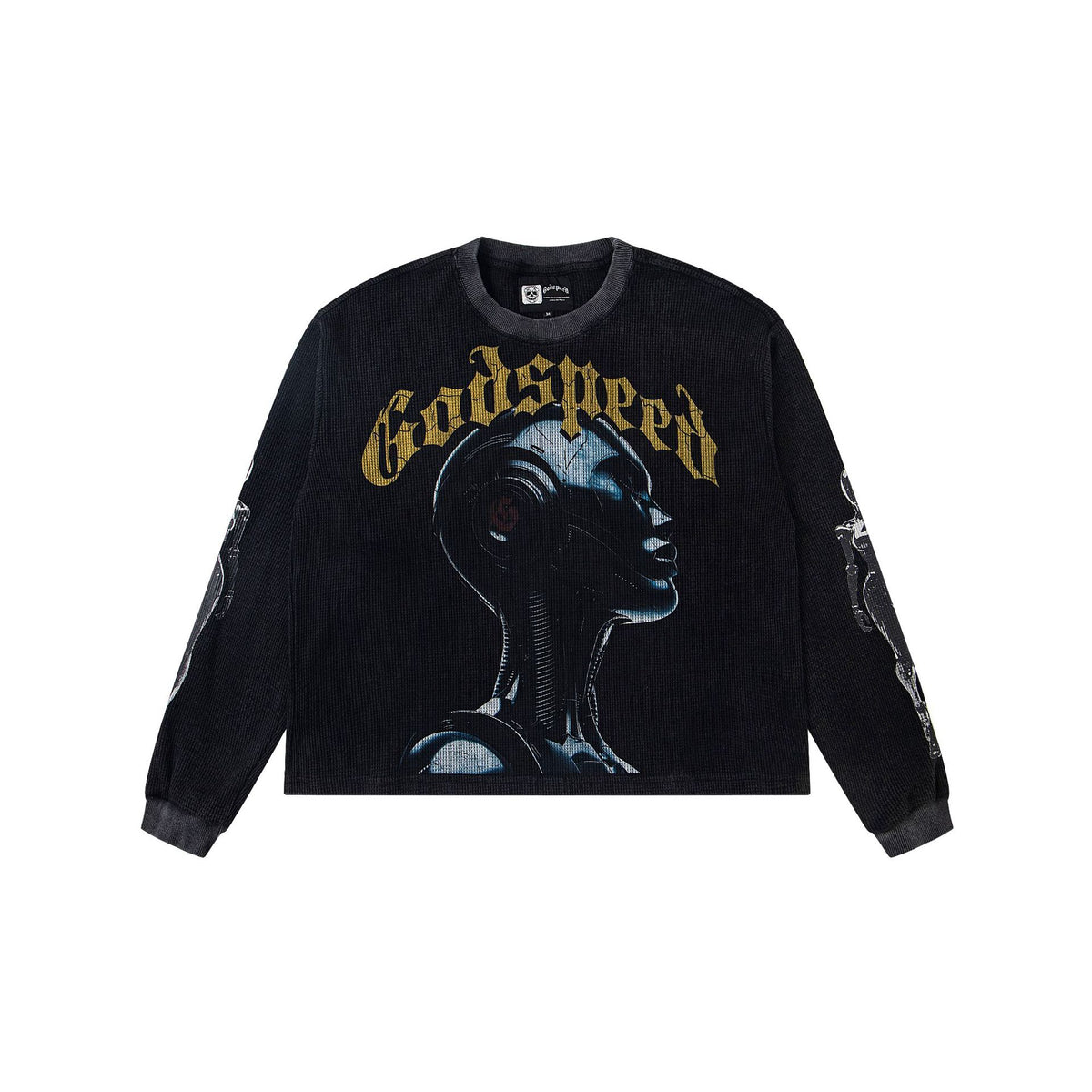 Cross border fashion Godspeed new American street hip-hop print retro waffle casual long sleeved T-shirt