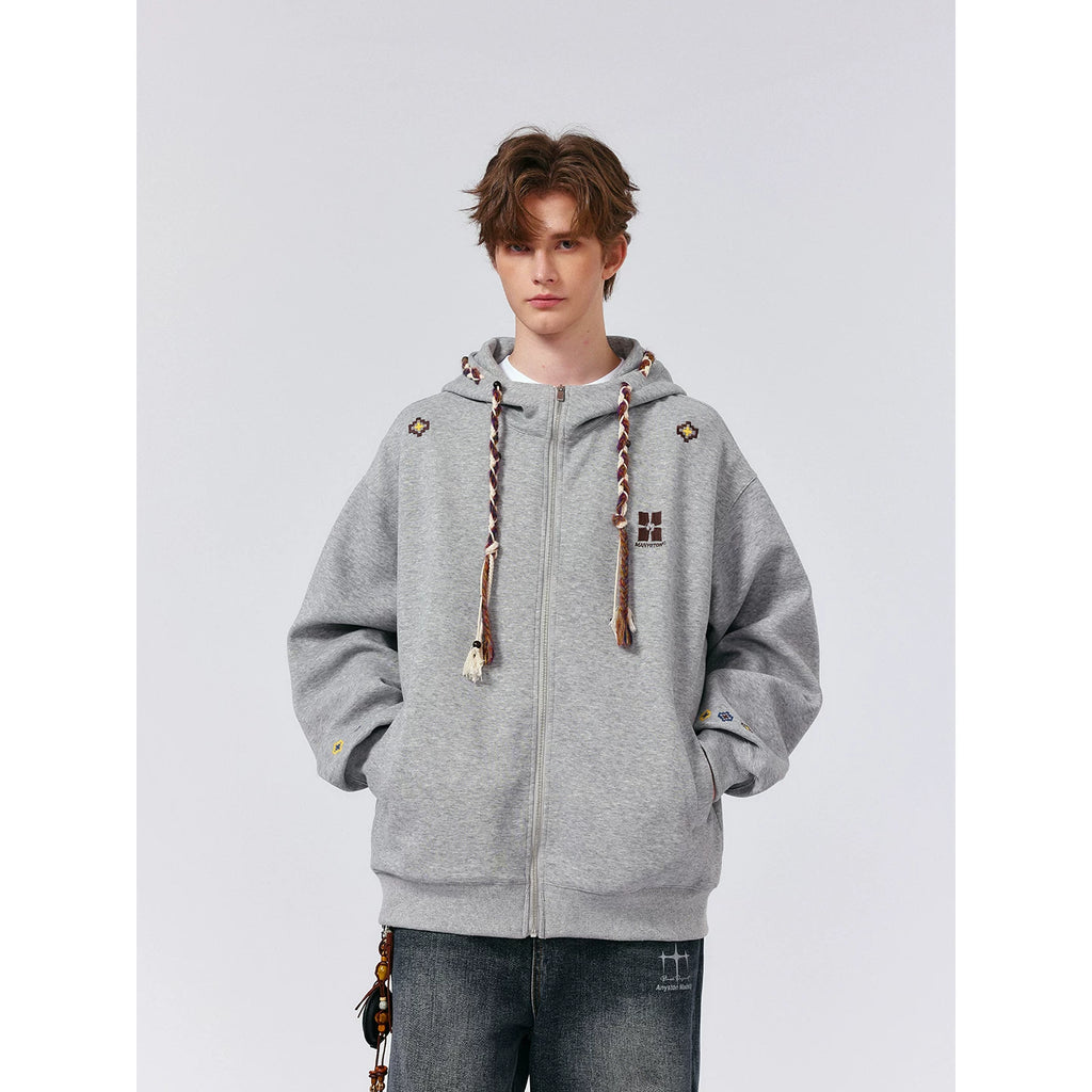 MANYSTON American High Street Fried Dough Twists Braid Hooded Zipper Guards Men's Spring and Autumn 420g Heavyweight Hoodie Coat