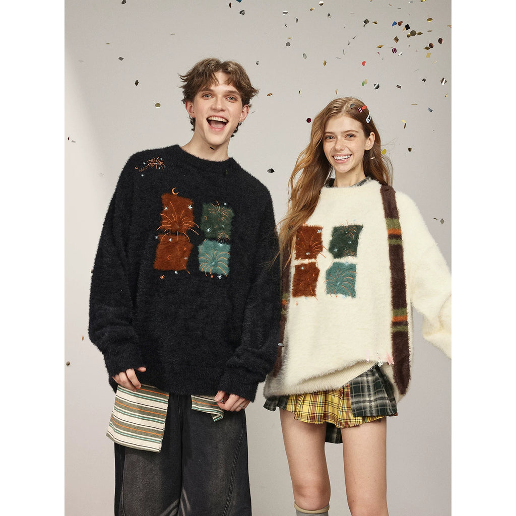 Celebrity style MANYSTON American high street embroidered sweater for men's spring and autumn couples round neck knit sweater