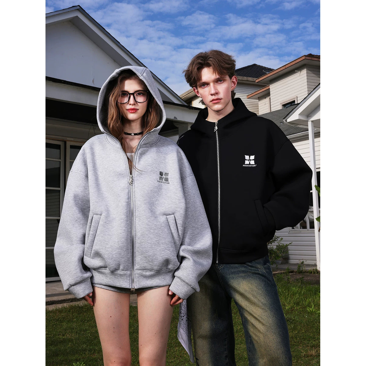 Qiyu's same style MANYSTON American fashion brand hooded cardigan sweatshirt men's spring and autumn couple outfit jacket