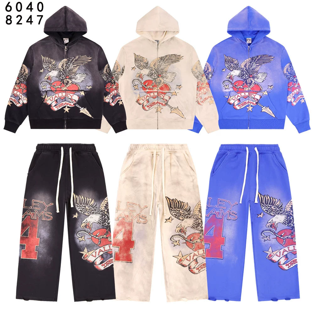 Vale Forever Valley Retro Printed High Street Trendy Casual Hoodie Pants Set
