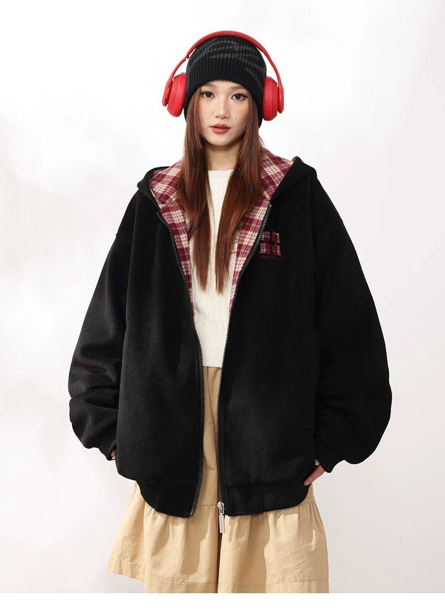 MANYSTON American style fleece hooded cardigan jacket for men's autumn and winter trendy brand teenagers, cotton padded thick jacket