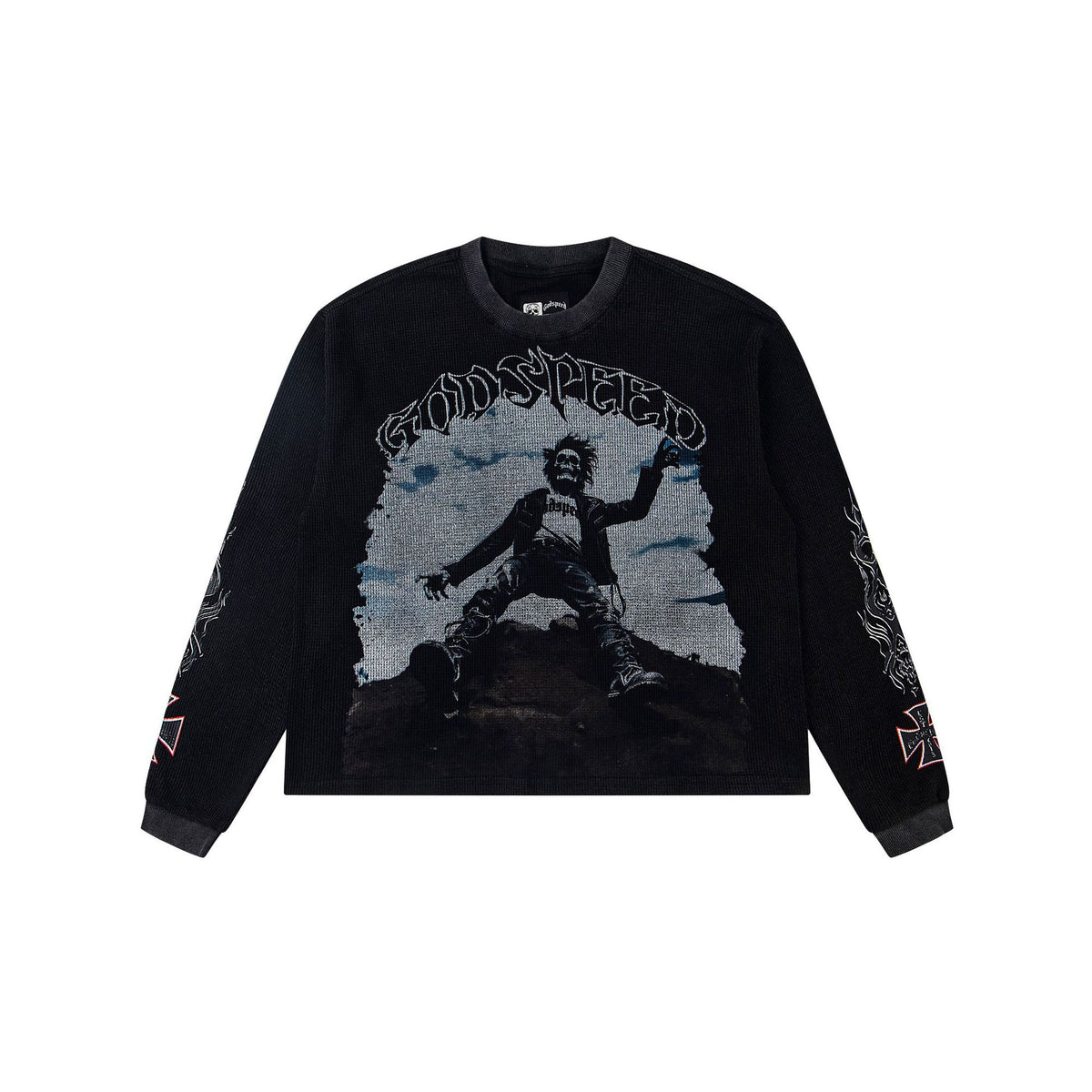 Cross border fashion Godspeed new American street hip-hop print retro waffle casual long sleeved T-shirt