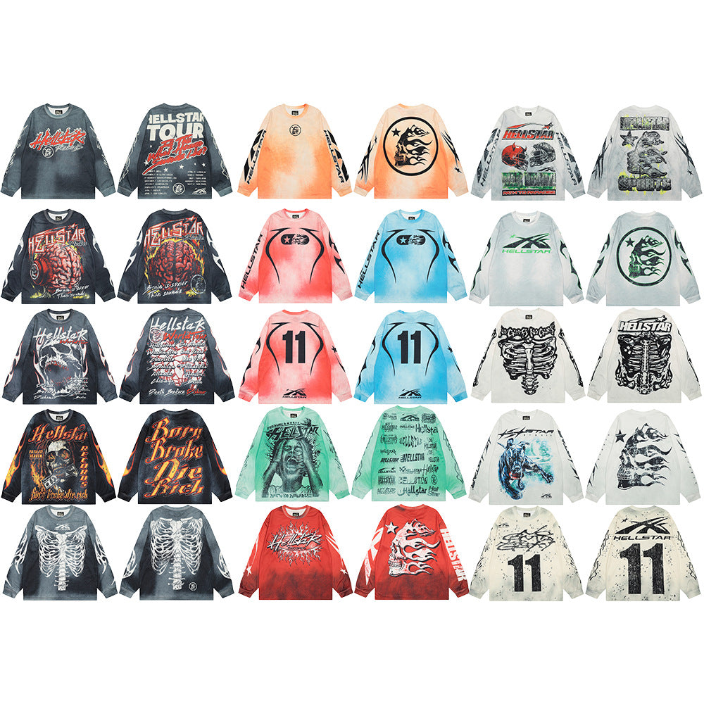 Cross border Hellstar Washed Retro Spray Horse Willow American Street Hip Hop Printed Long Sleeve T-shirt