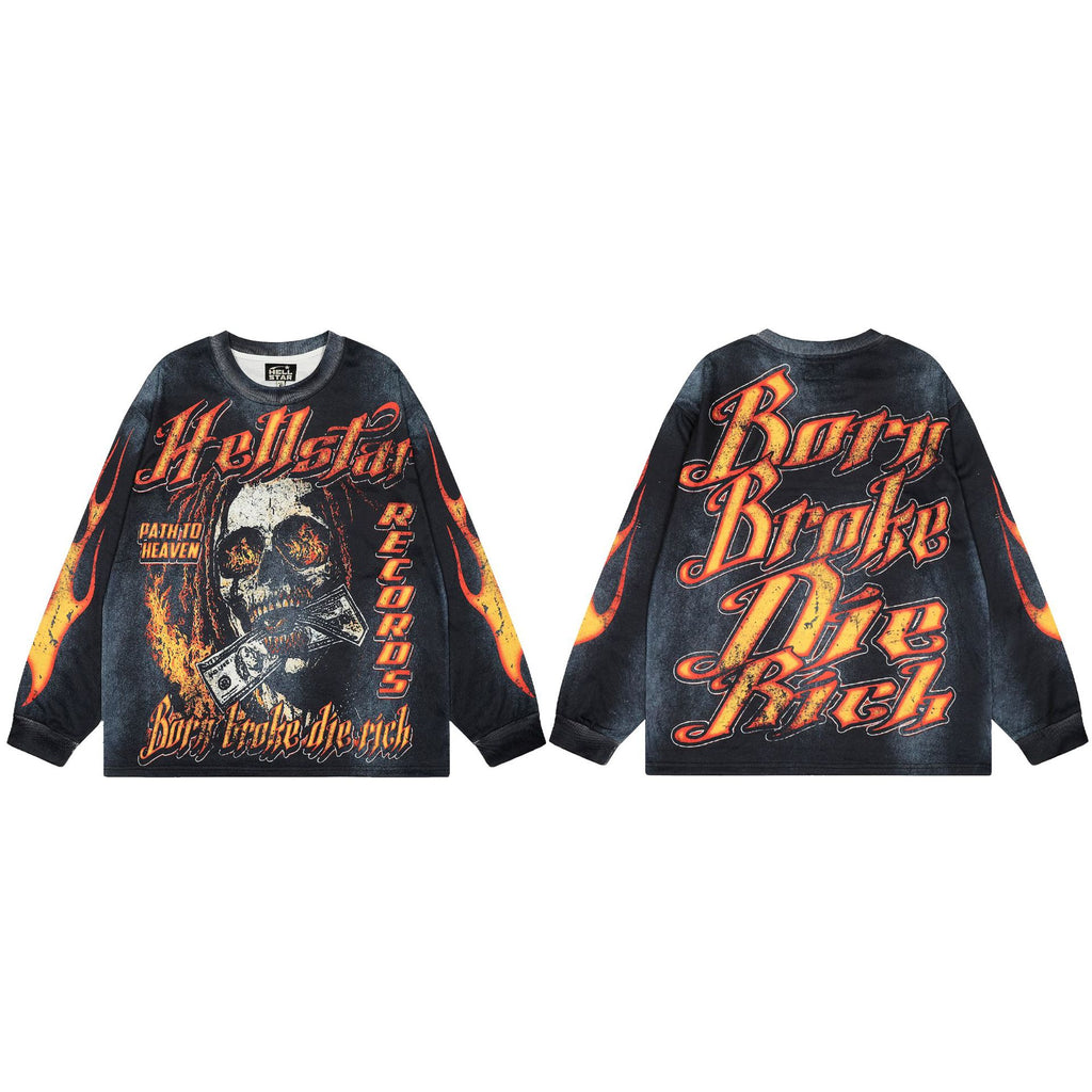 Cross border Hellstar Washed Retro Spray Horse Willow American Street Hip Hop Printed Long Sleeve T-shirt