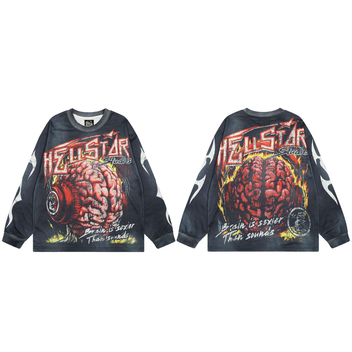 Cross border Hellstar Washed Retro Spray Horse Willow American Street Hip Hop Printed Long Sleeve T-shirt