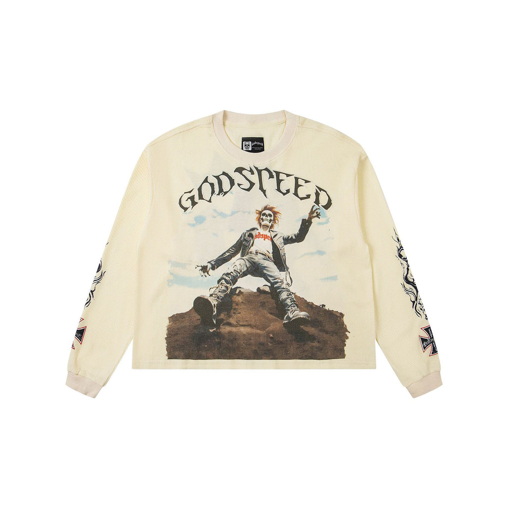 Cross border fashion Godspeed new American street hip-hop print retro waffle casual long sleeved T-shirt