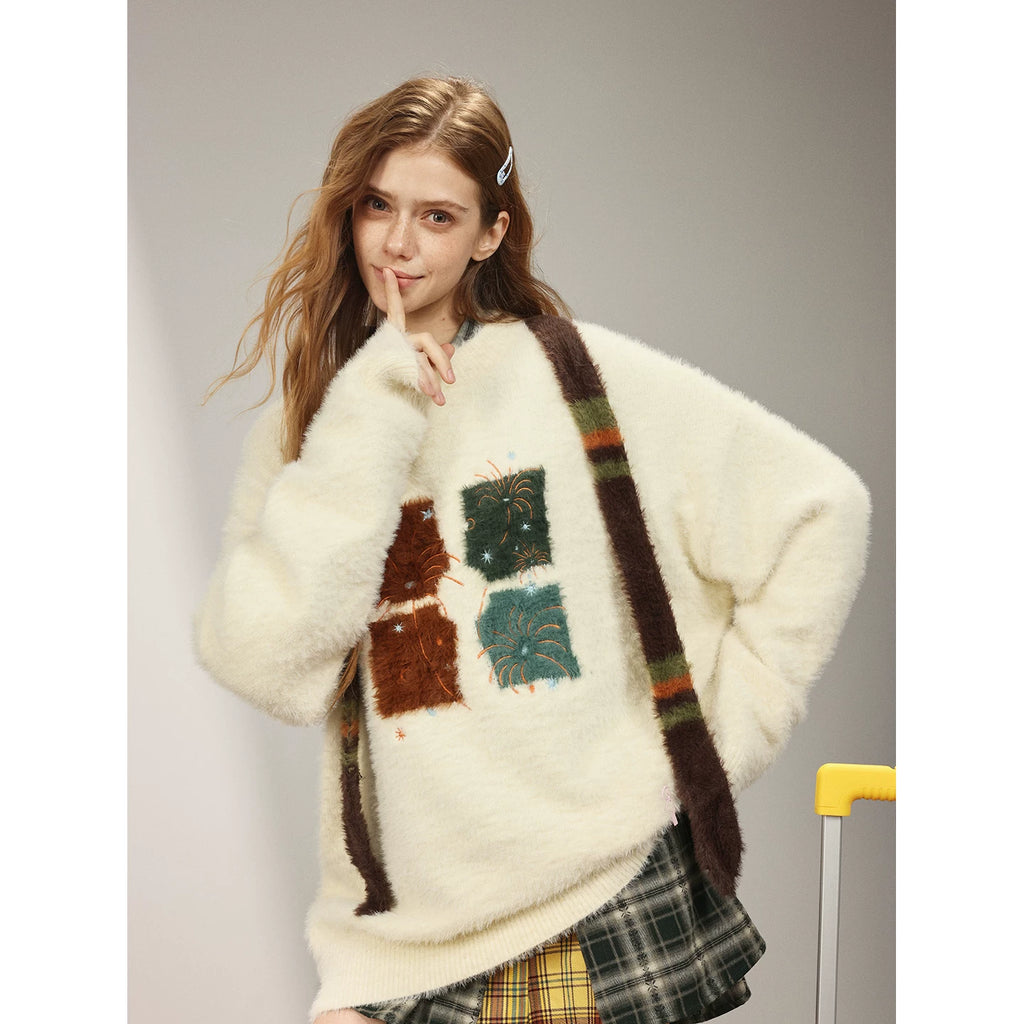 Celebrity style MANYSTON American high street embroidered sweater for men's spring and autumn couples round neck knit sweater