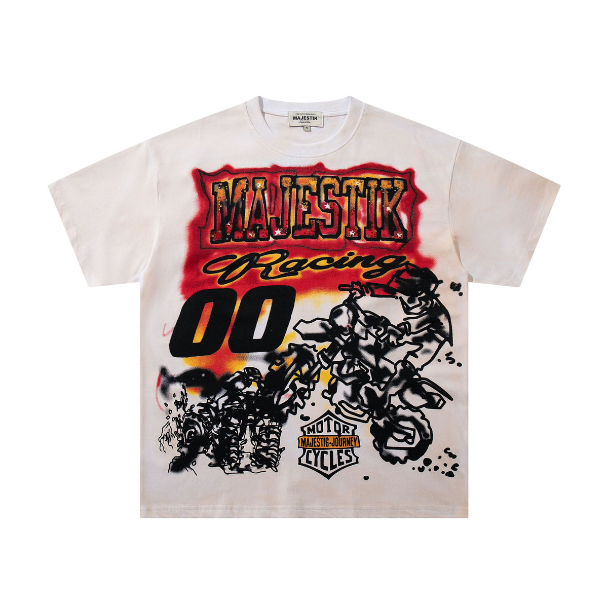 Cross border Meichao MAJESTIK Direct Spray American Street Hip Hop Printed Hot Diamond Retro Washed Short Sleeve T-shirt
