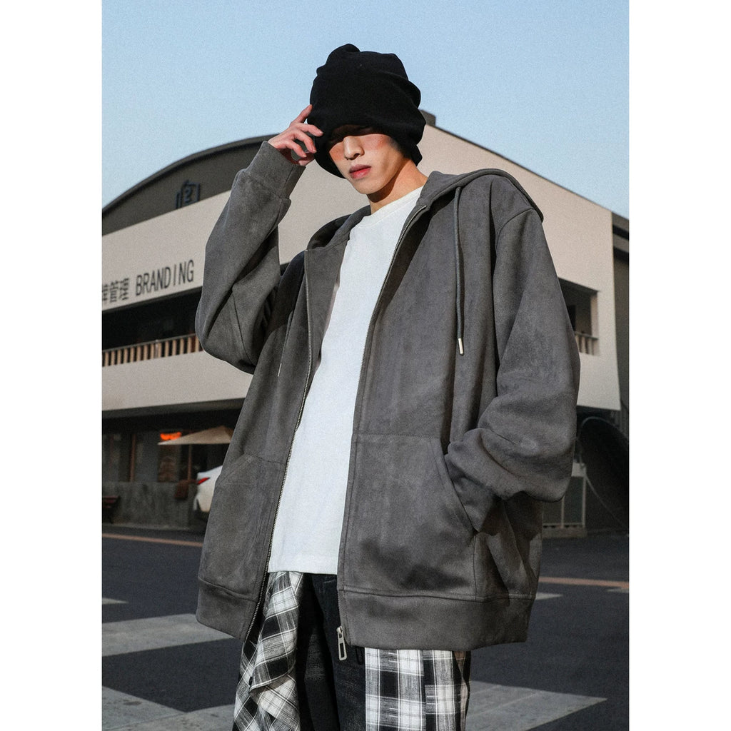 MANYSTON American hooded cardigan hoodie men's spring and autumn trendy brand 400g heavyweight couple suede jacket