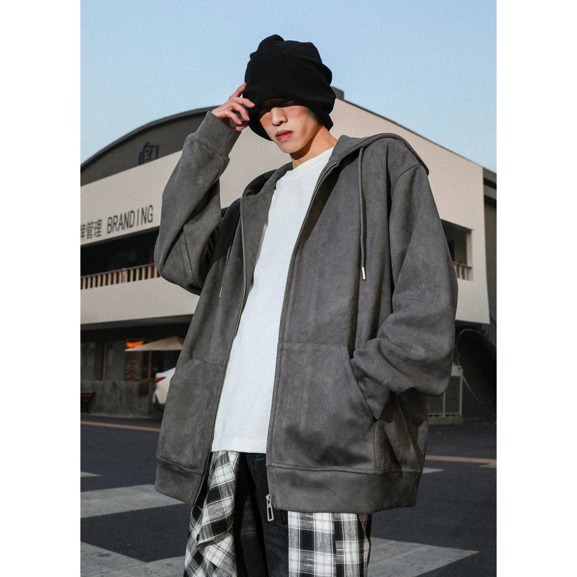 MANYSTON American hooded cardigan hoodie men's spring and autumn trendy brand 400g heavyweight couple suede jacket
