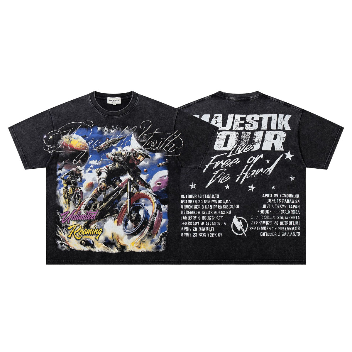 Cross border Meichao MAJESTIK Direct Spray American Street Hip Hop Printed Hot Diamond Retro Washed Short Sleeve T-shirt