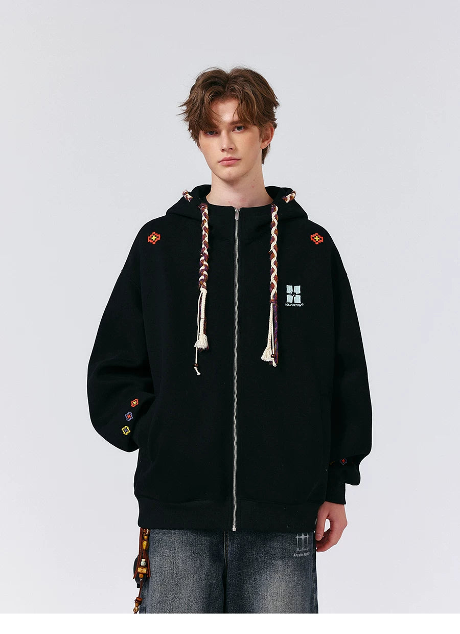 MANYSTON American High Street Fried Dough Twists Braid Hooded Zipper Guards Men's Spring and Autumn 420g Heavyweight Hoodie Coat
