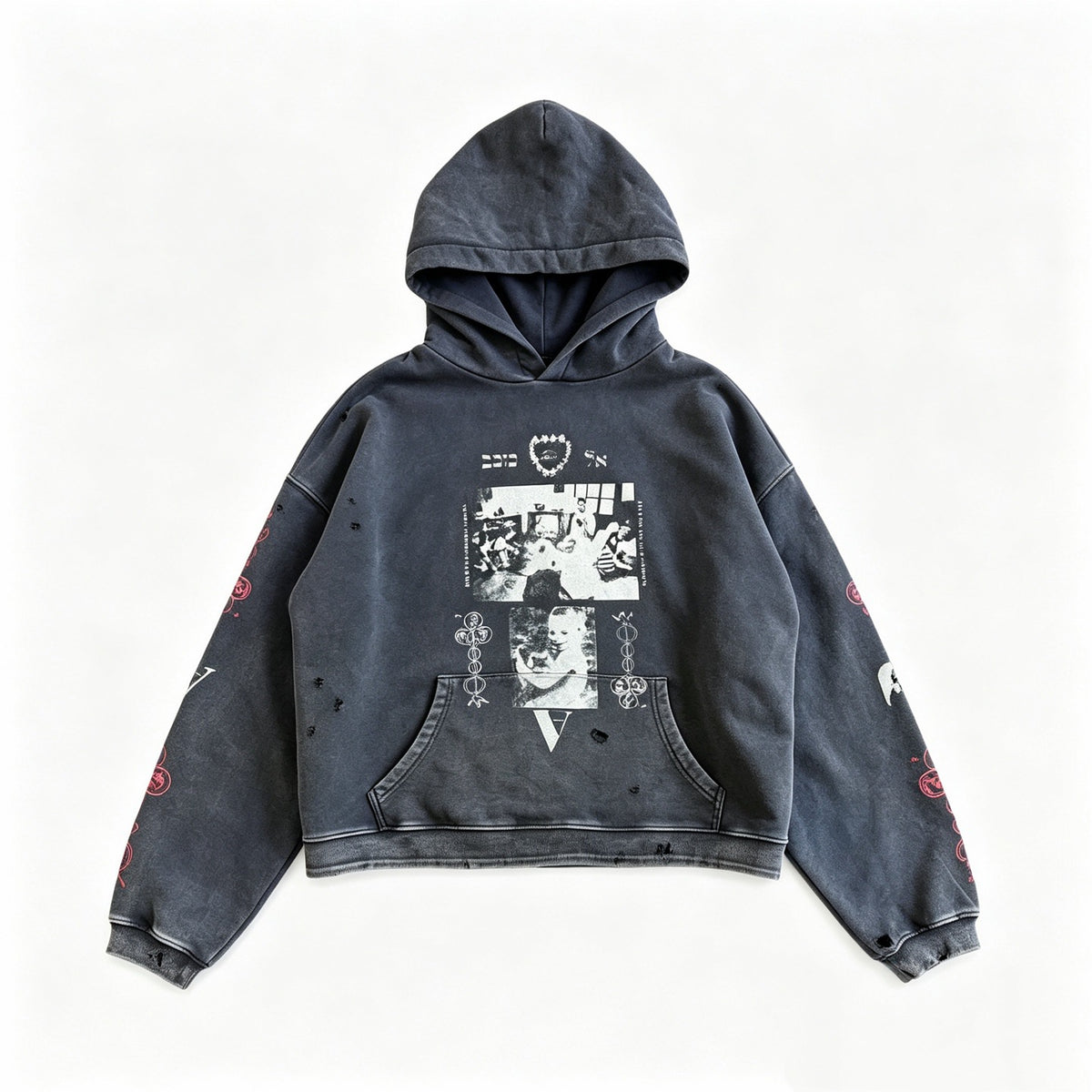 Cross border beauty trend E.R.D washed water distressed embroidered print hooded zipper pure cotton casual versatile hoodie jacket