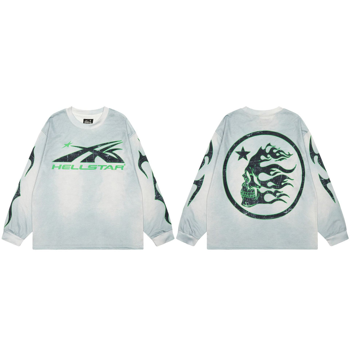 Cross border Hellstar Washed Retro Spray Horse Willow American Street Hip Hop Printed Long Sleeve T-shirt