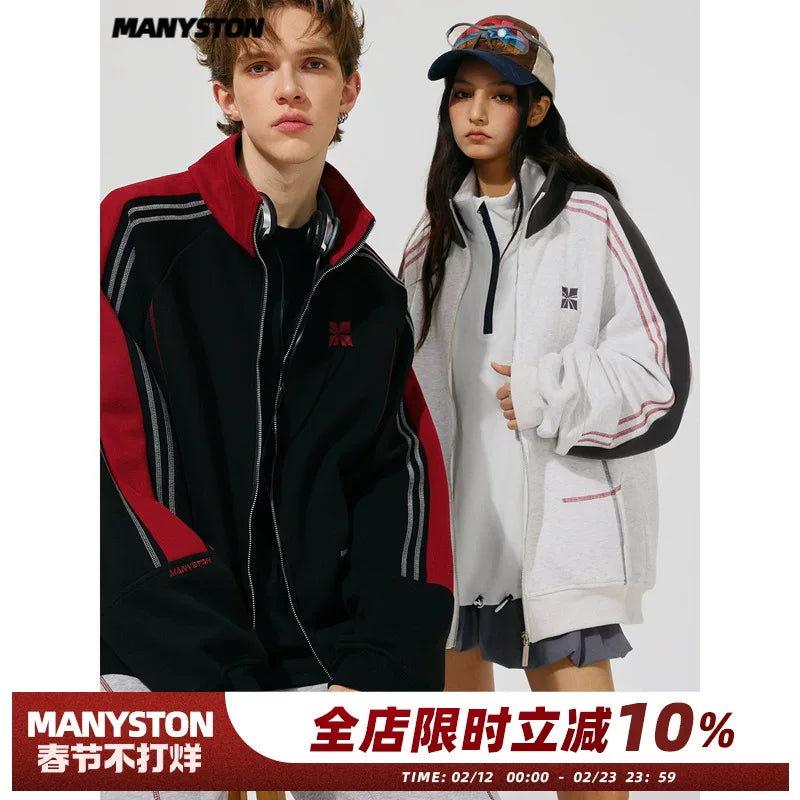 Absolute Same Style MANYSTON American Trendy Brand Color Contrasting Stand Collar Jacket Spring and Autumn Loose Casual Top Coat