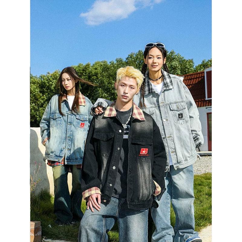 MANYSTON American Retro Collar Casual Jacket for Boys, Spring and Autumn Style, Trendy Brand, European and American Street Denim Jacket