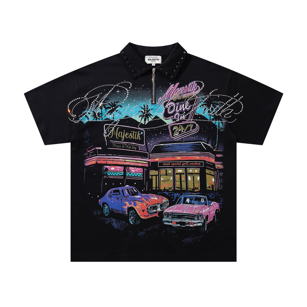 Cross border Meichao MAJESTIK Direct Spray American Street Hip Hop Printed Hot Diamond Embroidered Retro Washed Short sleeved T-shirt