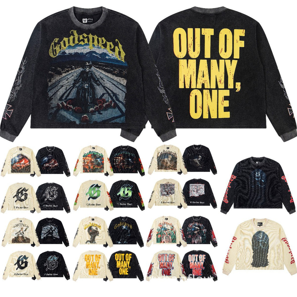 Cross border fashion Godspeed new American street hip-hop print retro waffle casual long sleeved T-shirt