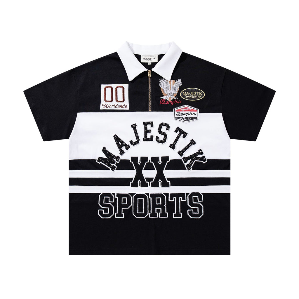 Cross border Meichao MAJESTIK Direct Spray American Street Hip Hop Printed Hot Diamond Embroidered Retro Washed Short sleeved T-shirt